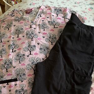 Pink Koala Scrub Top with Black Pants